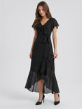 Black Chiffon Sheath V-Neck Back Zip Asymmetrical Ruffle Bridesmaid Dress