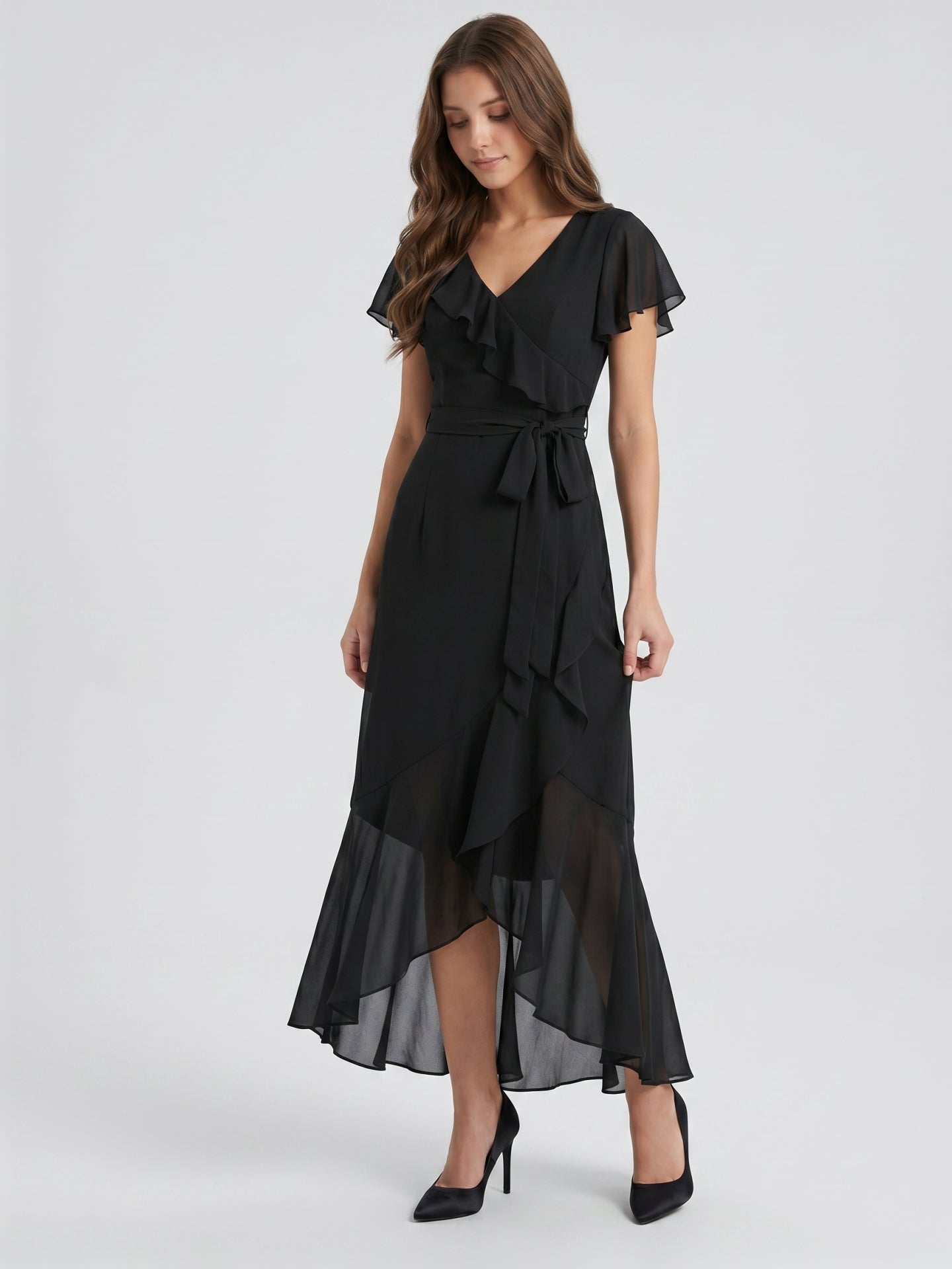 Black Chiffon Sheath V-Neck Back Zip Asymmetrical Ruffle Bridesmaid Dress