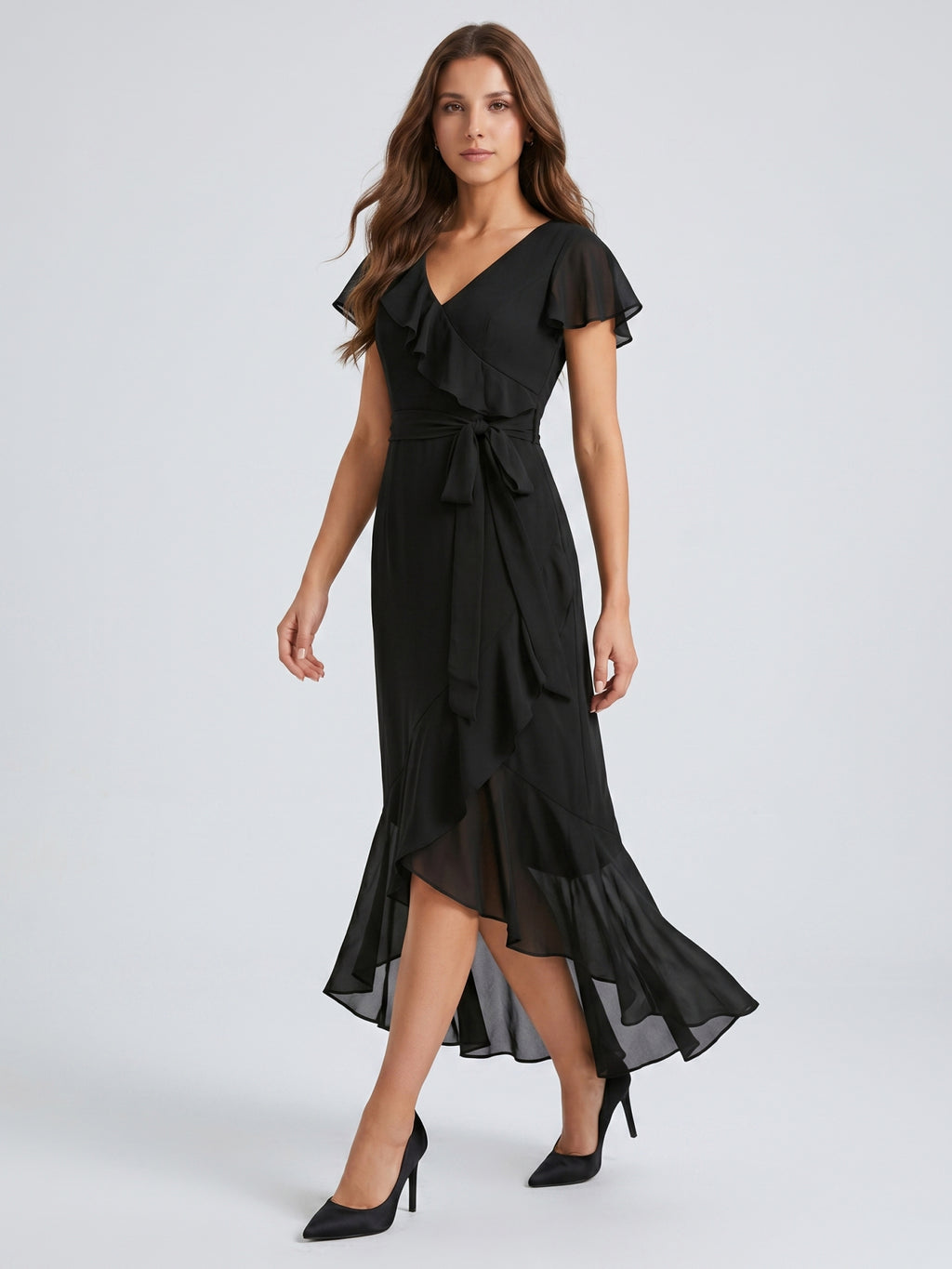 Black Chiffon Sheath V-Neck Back Zip Asymmetrical Ruffle Bridesmaid Dress