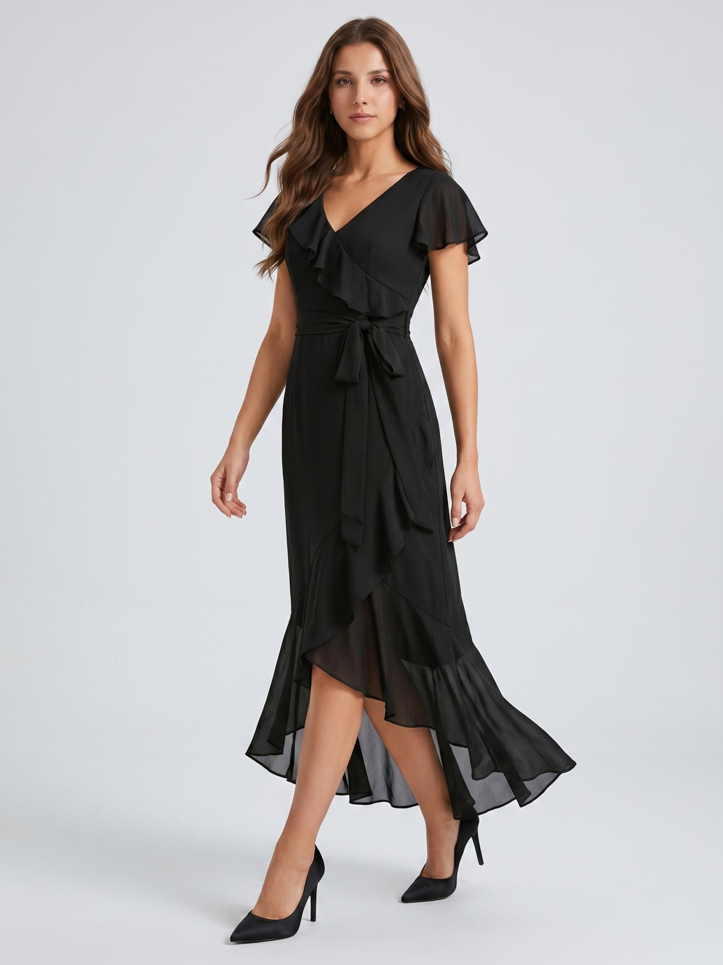 Black Chiffon Sheath V-Neck Back Zip Asymmetrical Ruffle Bridesmaid Dress