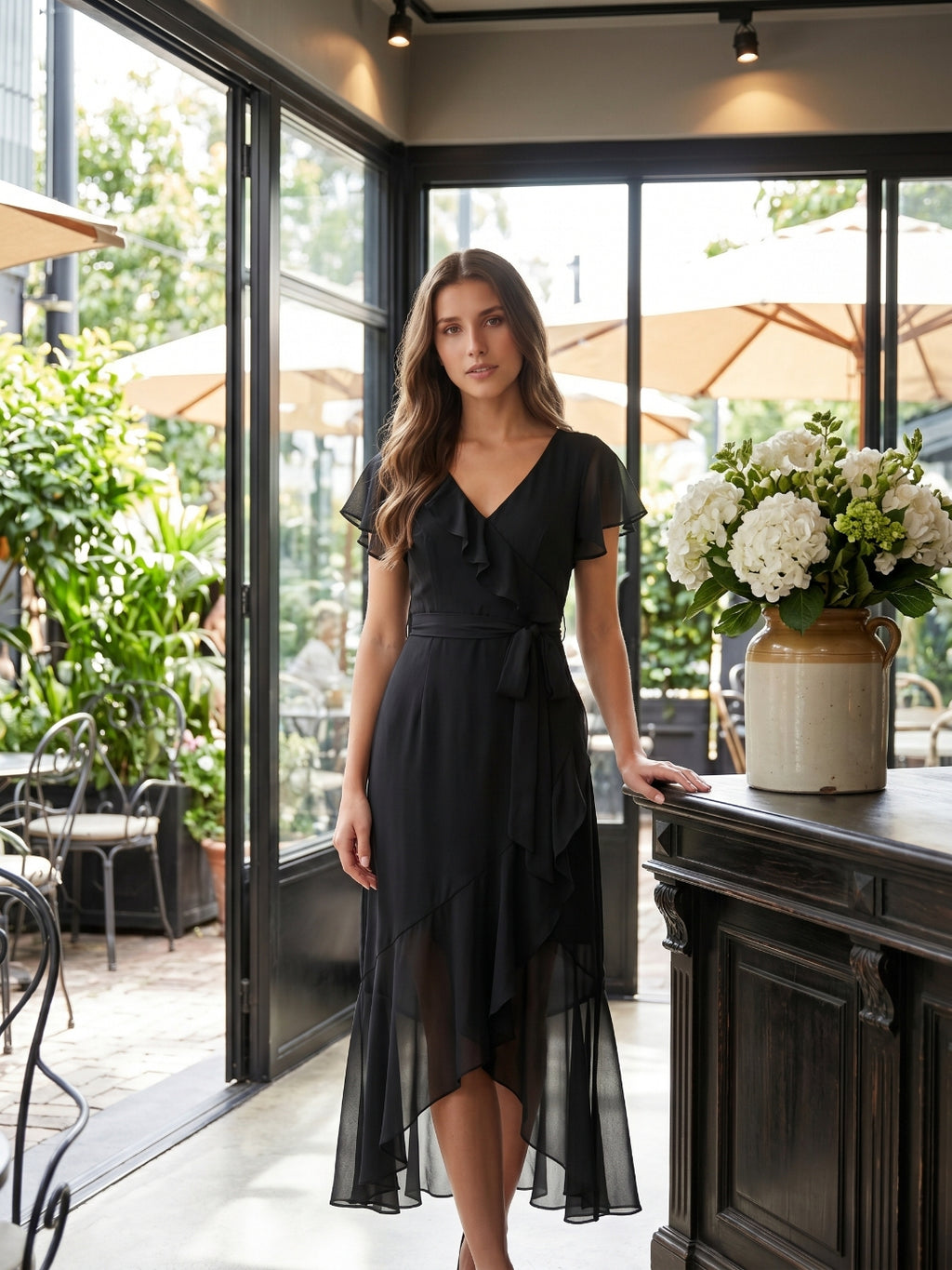 Black Chiffon Sheath V-Neck Back Zip Asymmetrical Ruffle Bridesmaid Dress