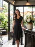 Black Chiffon Sheath V-Neck Back Zip Asymmetrical Ruffle Bridesmaid Dress