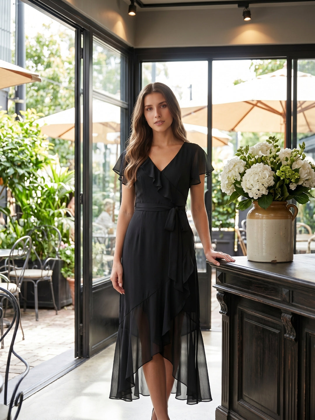 Black Chiffon Sheath V-Neck Back Zip Asymmetrical Ruffle Bridesmaid Dress