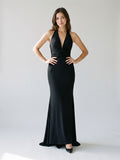 Black Chiffon Sheath V-Neck Backless Floor-Length Formal Dress with 3D Flowers