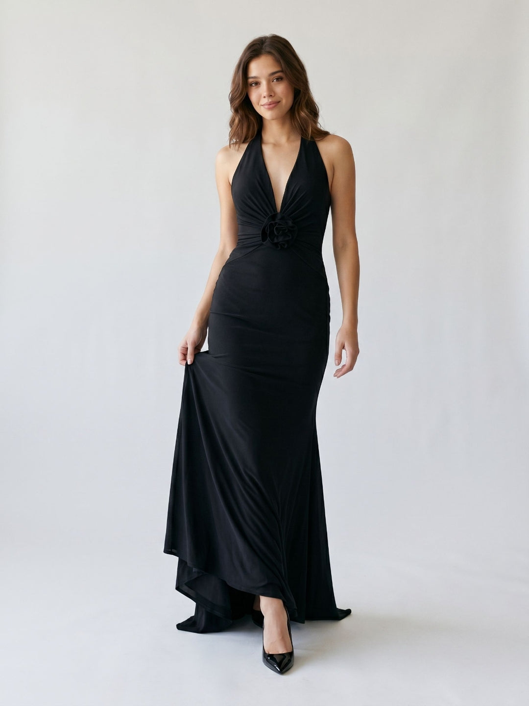 Black Chiffon Sheath V-Neck Backless Floor-Length Formal Dress with 3D Flowers