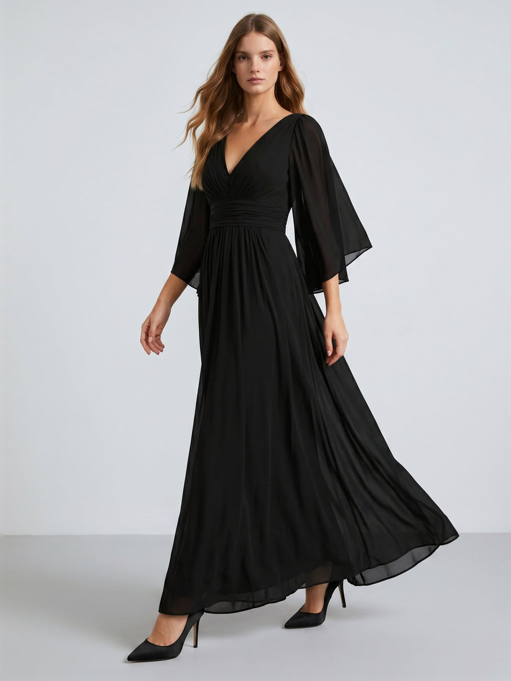 Black Chiffon Sheath V-Neck V-Back Floor-Length Pleated Bridesmaid Dress