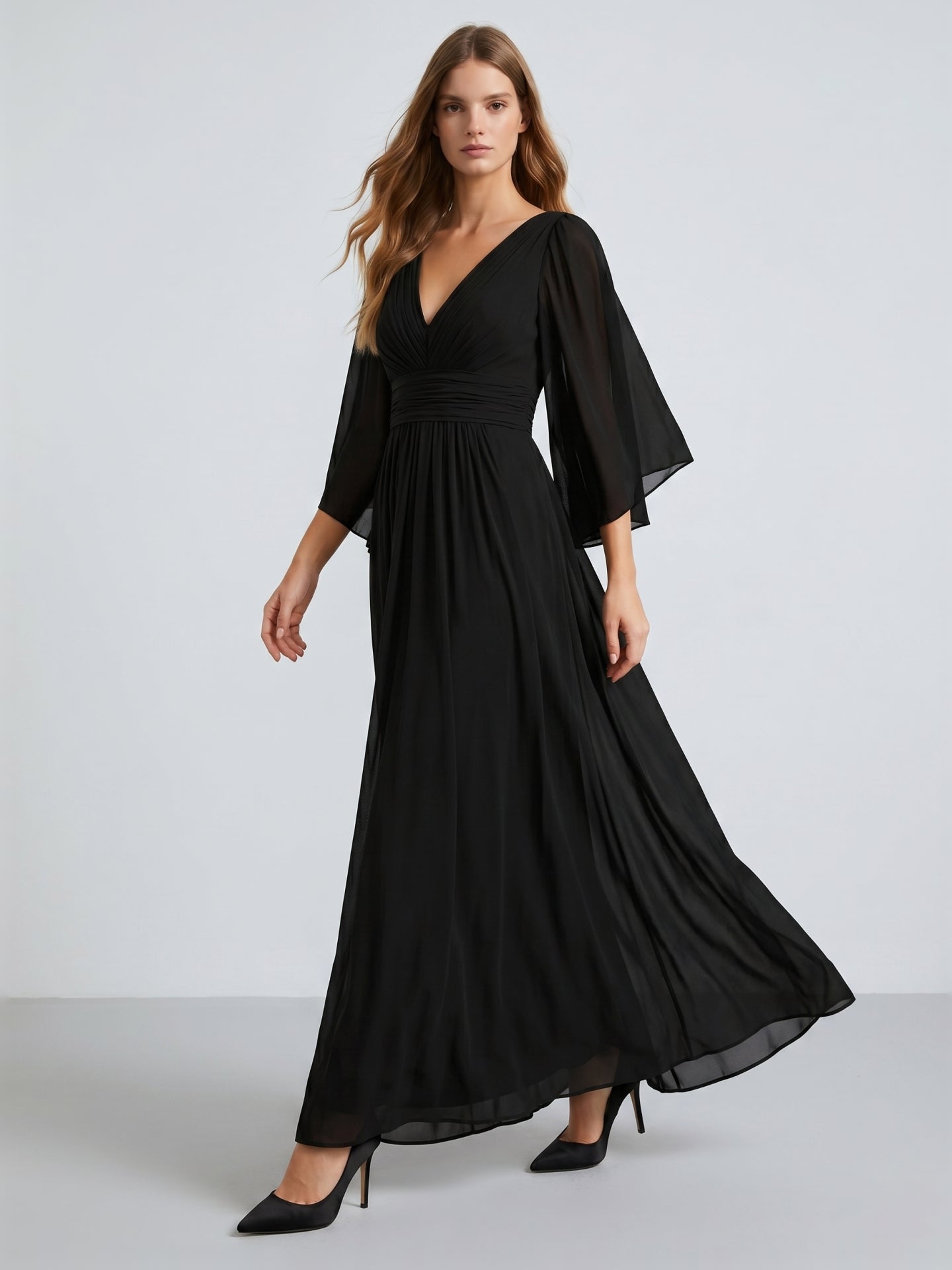 Black Chiffon Sheath V-Neck V-Back Floor-Length Pleated Bridesmaid Dress
