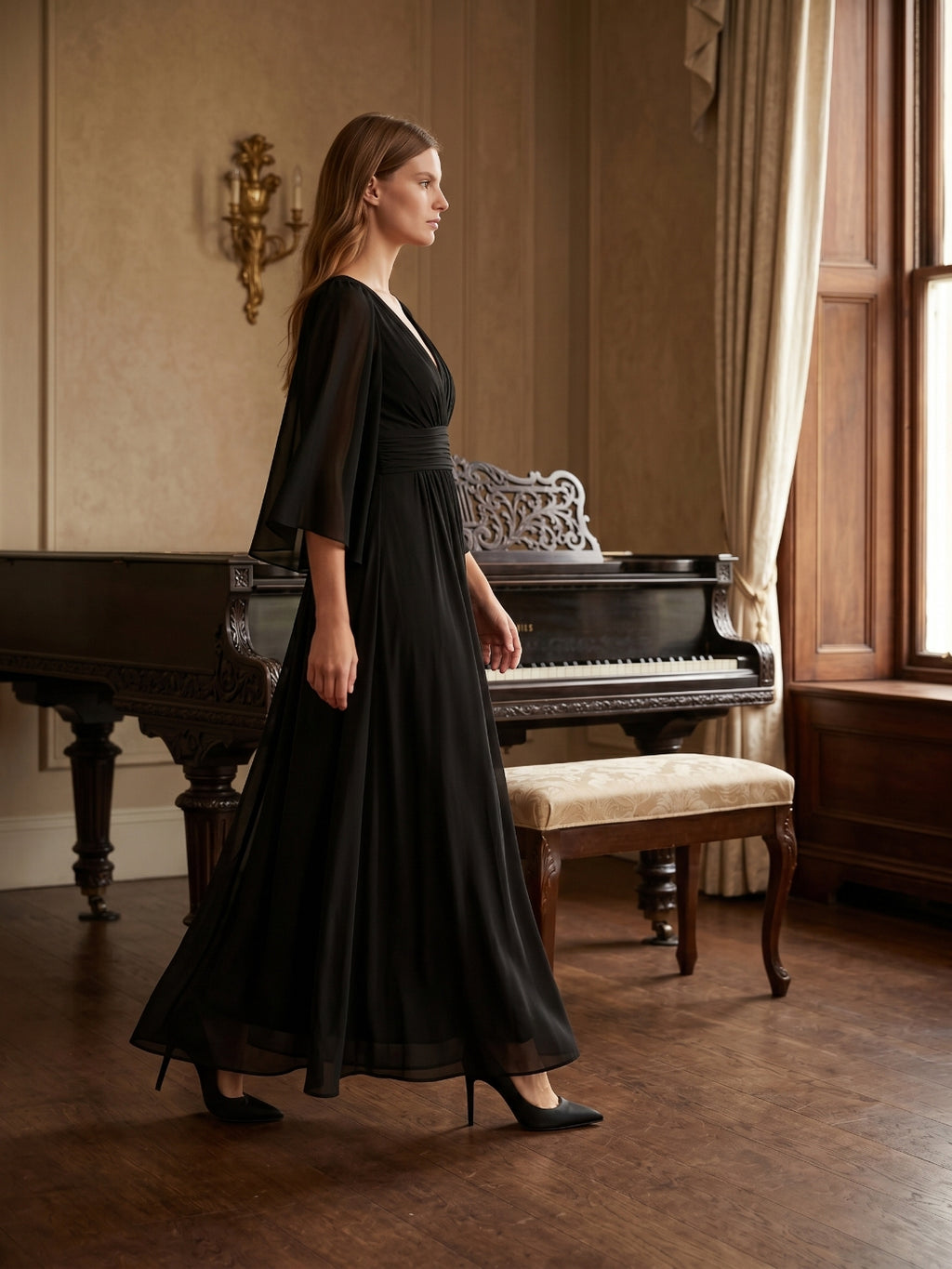 Black Chiffon Sheath V-Neck V-Back Floor-Length Pleated Bridesmaid Dress