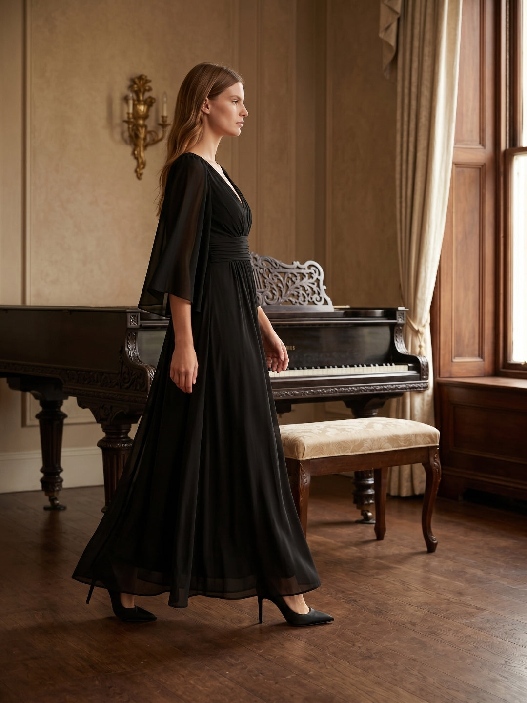 Black Chiffon Sheath V-Neck V-Back Floor-Length Pleated Bridesmaid Dress