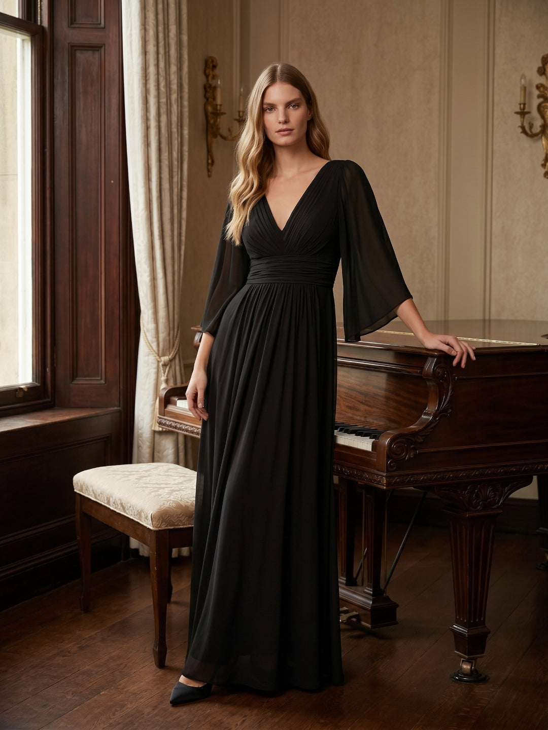 Black Chiffon Sheath V-Neck V-Back Floor-Length Pleated Bridesmaid Dress
