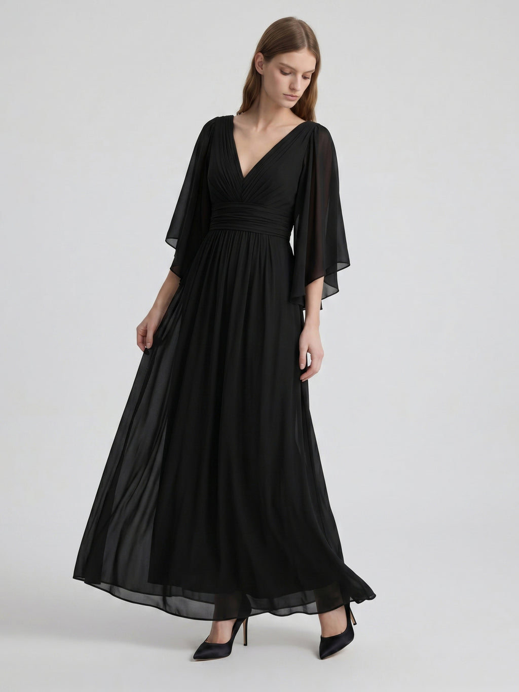 Black Chiffon Sheath V-Neck V-Back Floor-Length Pleated Bridesmaid Dress