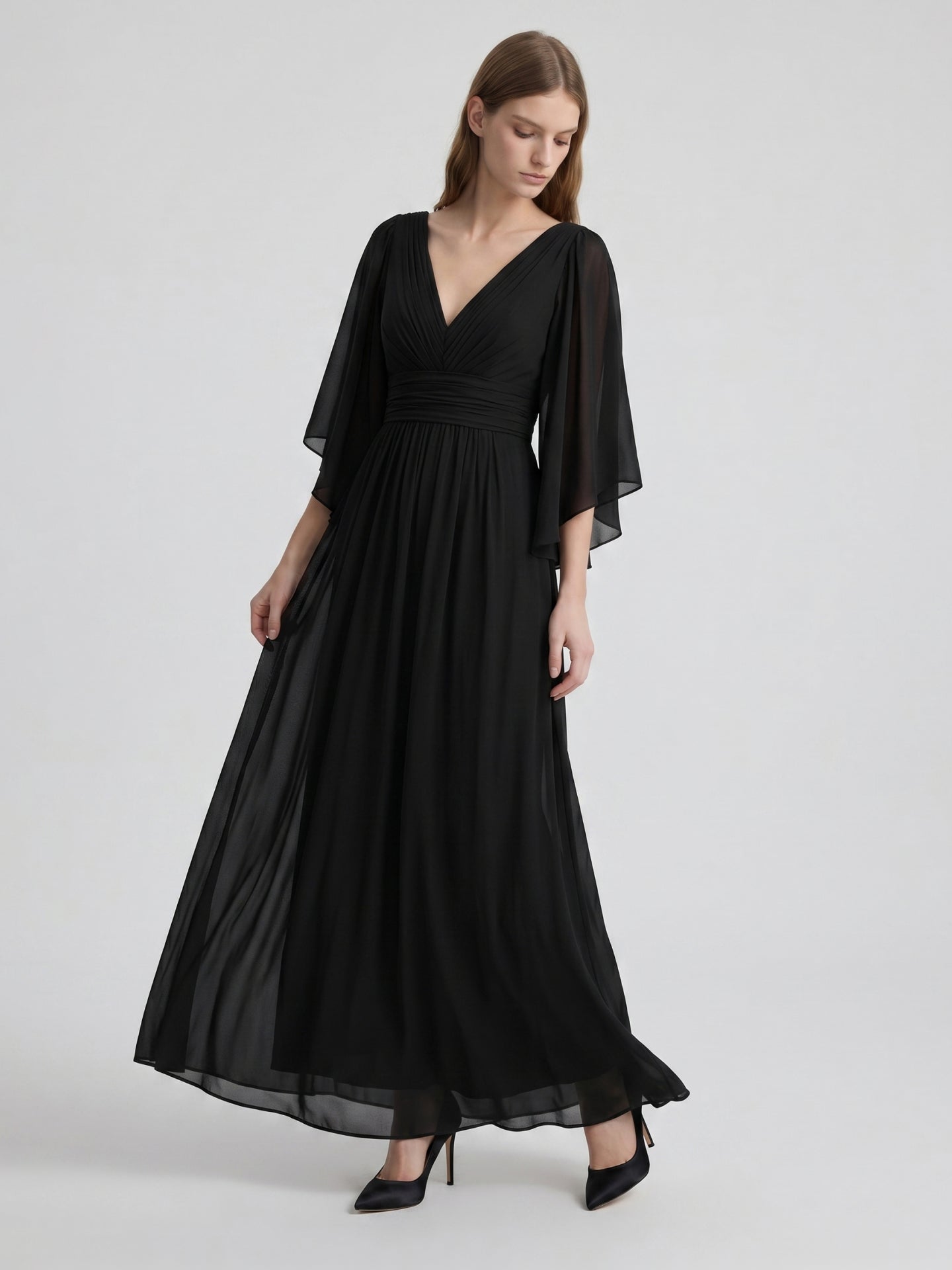 Black Chiffon Sheath V-Neck V-Back Floor-Length Pleated Bridesmaid Dress