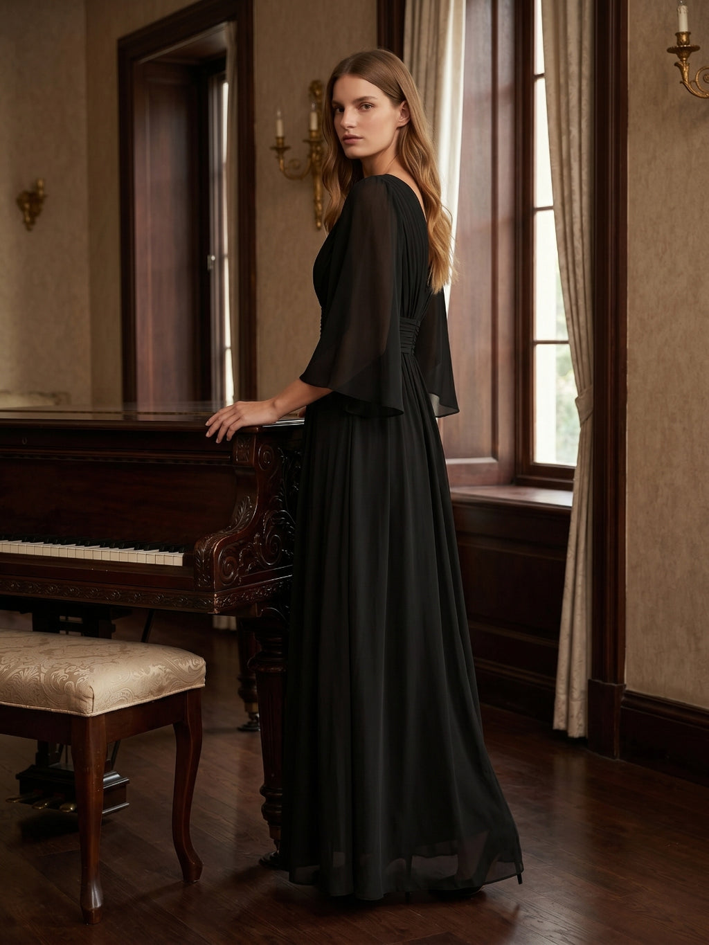 Black Chiffon Sheath V-Neck V-Back Floor-Length Pleated Bridesmaid Dress
