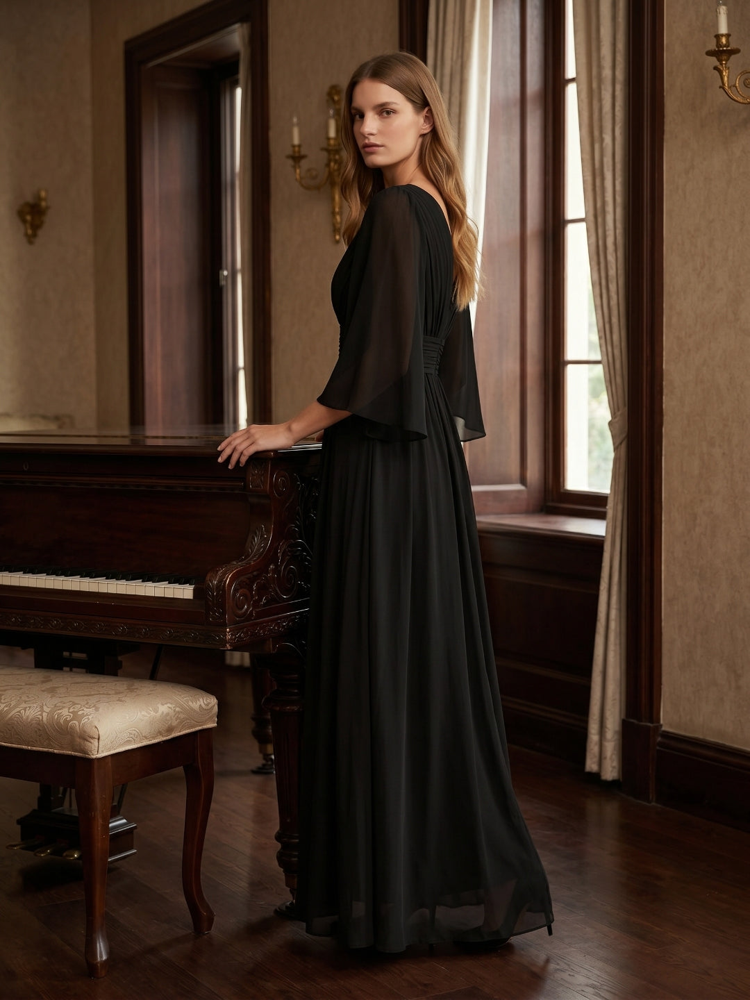 Black Chiffon Sheath V-Neck V-Back Floor-Length Pleated Bridesmaid Dress