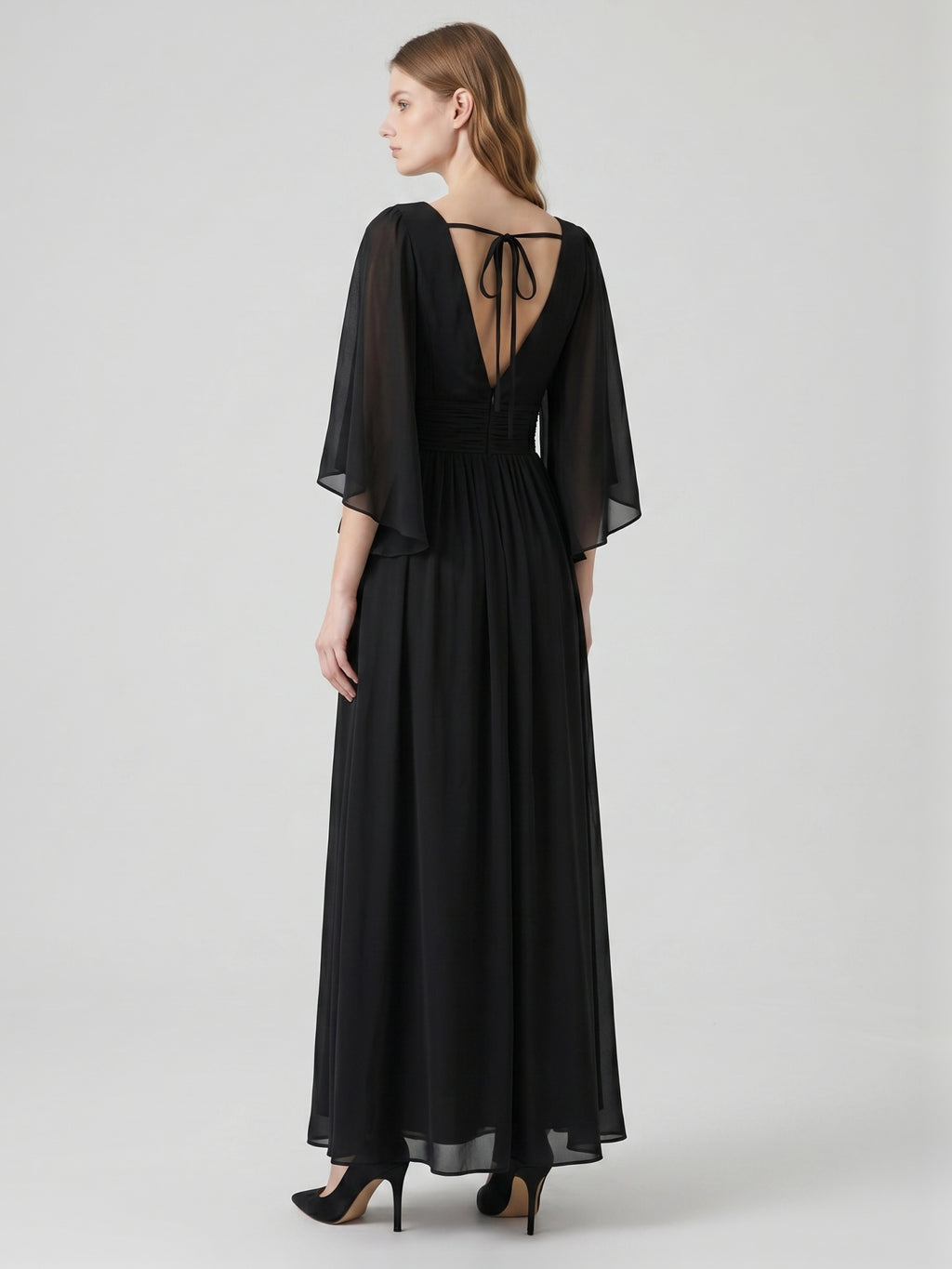 Black Chiffon Sheath V-Neck V-Back Floor-Length Pleated Bridesmaid Dress