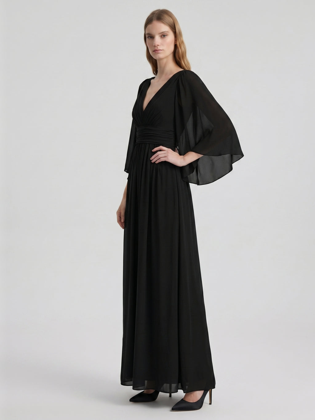 Black Chiffon Sheath V-Neck V-Back Floor-Length Pleated Bridesmaid Dress