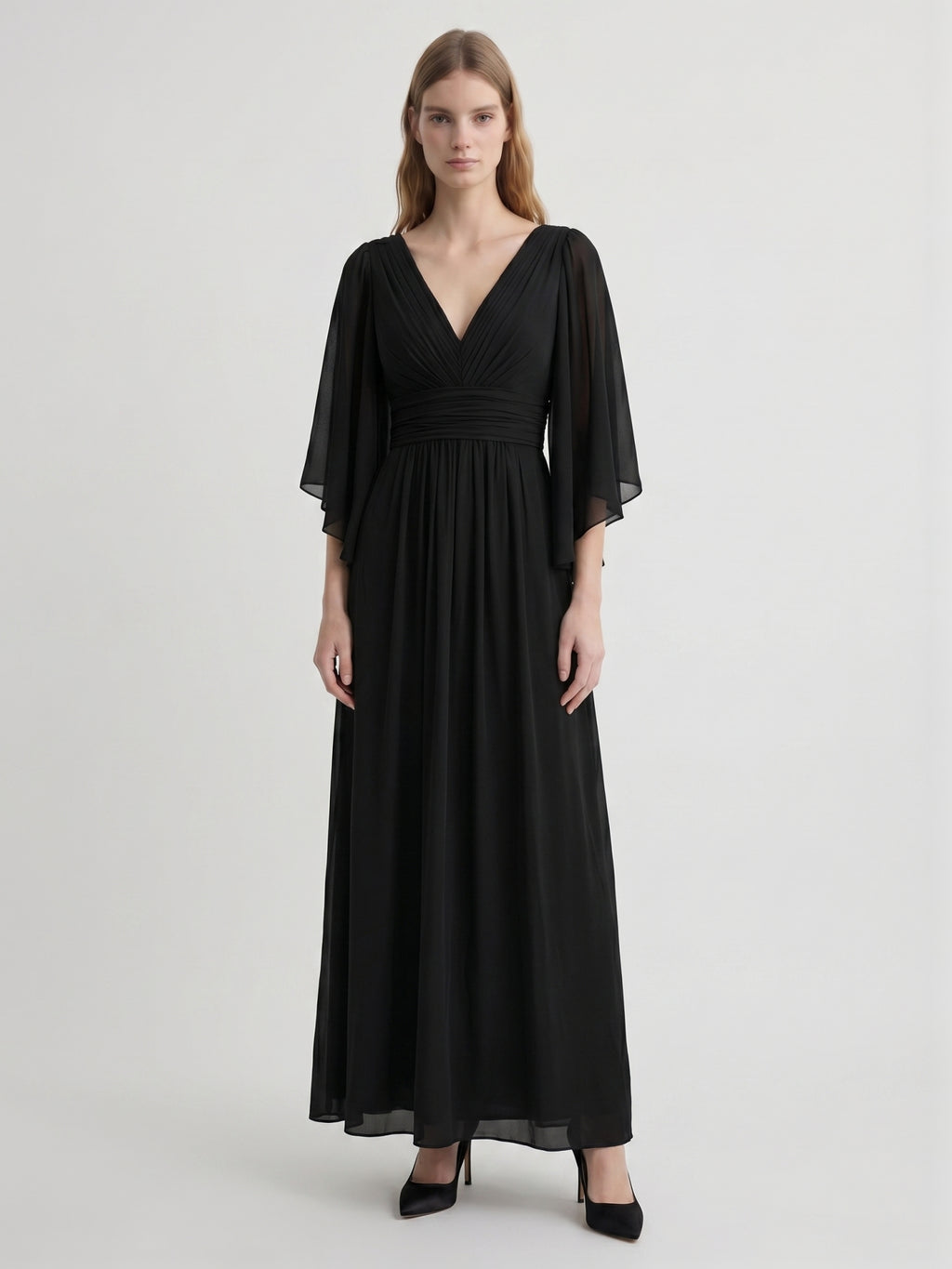Black Chiffon Sheath V-Neck V-Back Floor-Length Pleated Bridesmaid Dress