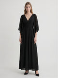 Black Chiffon Sheath V-Neck V-Back Floor-Length Pleated Bridesmaid Dress
