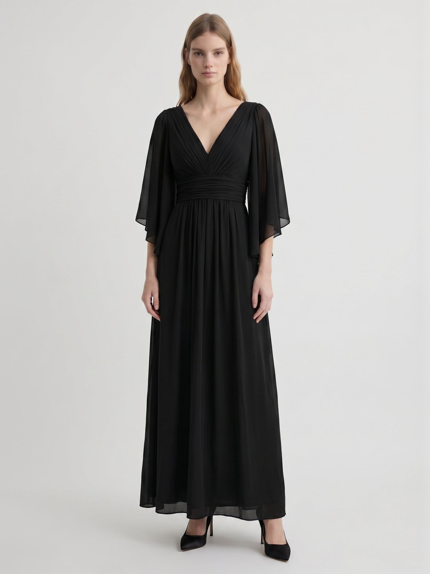 Black Chiffon Sheath V-Neck V-Back Floor-Length Pleated Bridesmaid Dress