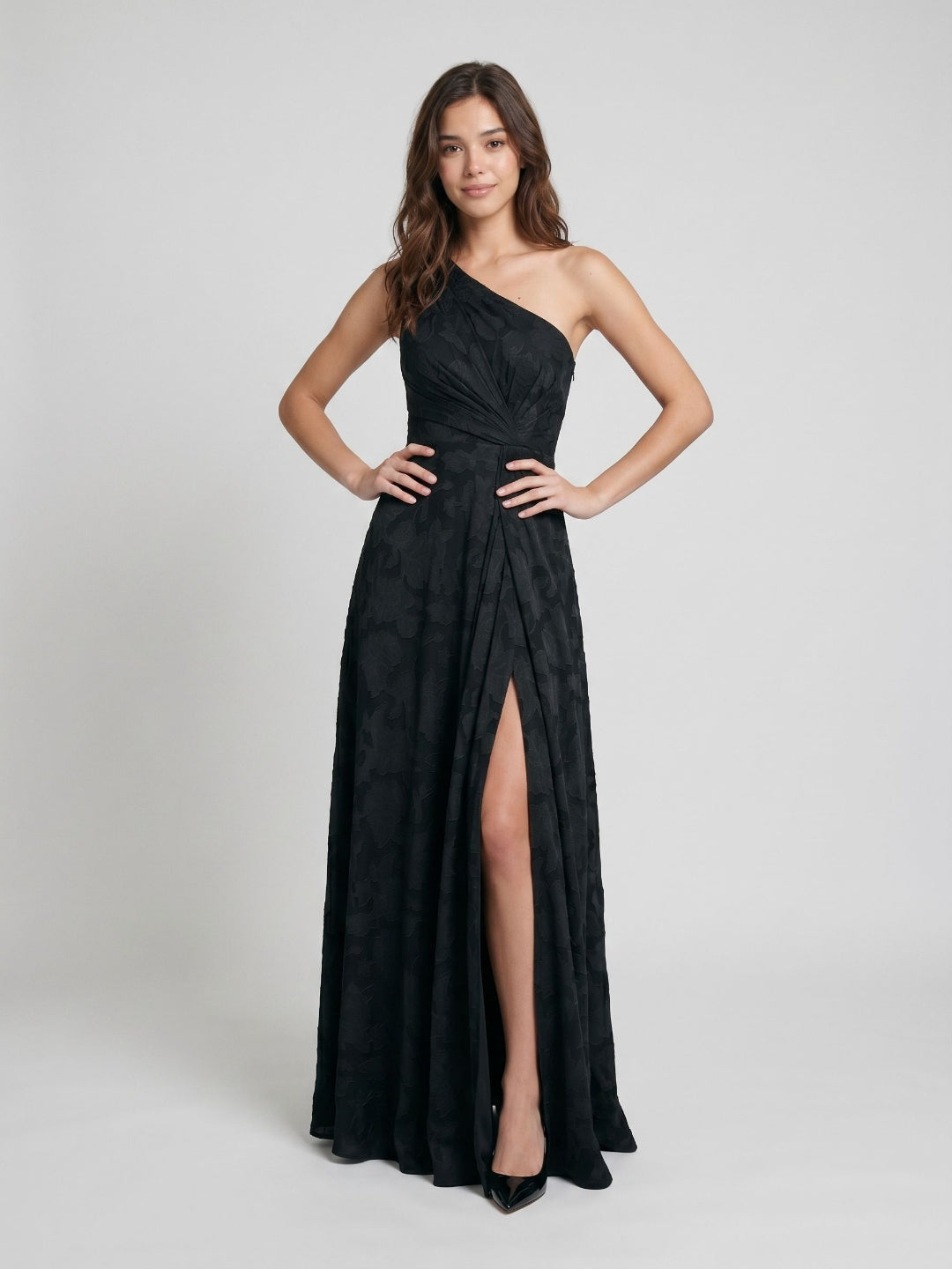 Black Jacquard A-Line One Shoulder Back Zip Floor-Length Formal Dress with Pleating