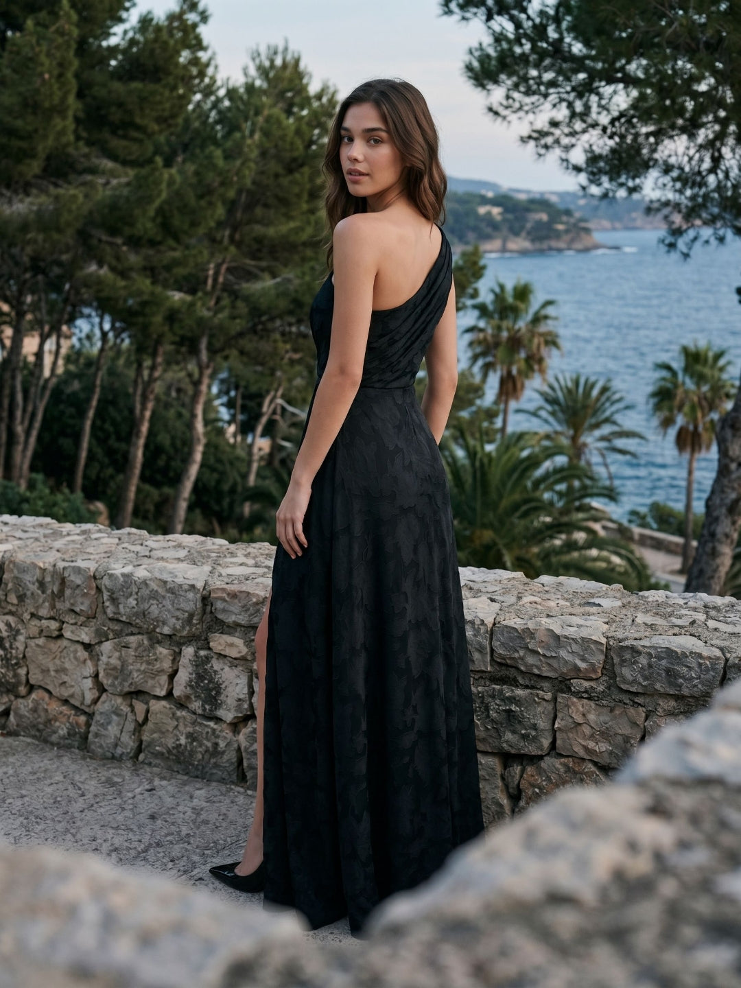 Black Jacquard A-Line One Shoulder Back Zip Floor-Length Formal Dress with Pleating
