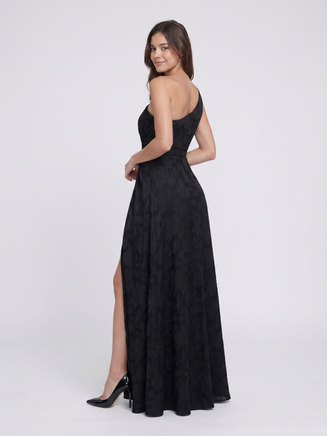 Black Jacquard A-Line One Shoulder Back Zip Floor-Length Formal Dress with Pleating