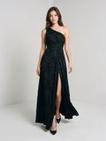 Black Jacquard A-Line One Shoulder Back Zip Floor-Length Formal Dress with Pleating