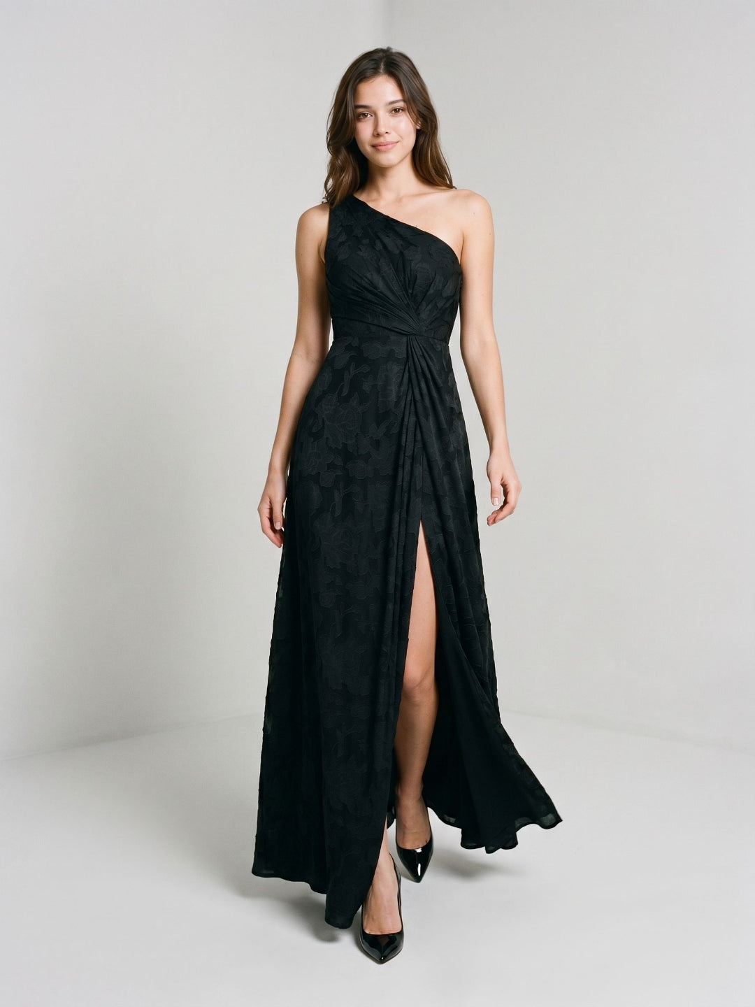 Black Jacquard A-Line One Shoulder Back Zip Floor-Length Formal Dress with Pleating