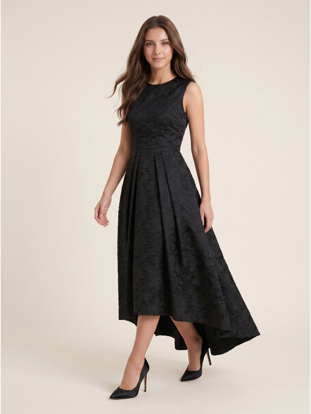 Black Jacquard A-Line Scoop Neck Back Zip Floor-Length Mother of the Bride Dresses with Ruffle