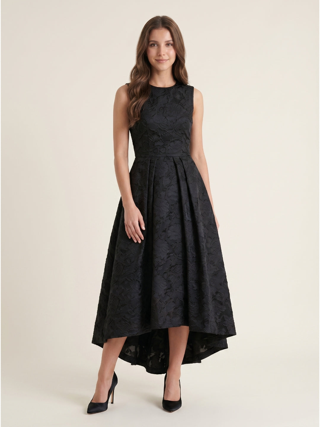 Black Jacquard A-Line Scoop Neck Back Zip Floor-Length Mother of the Bride Dresses with Ruffle