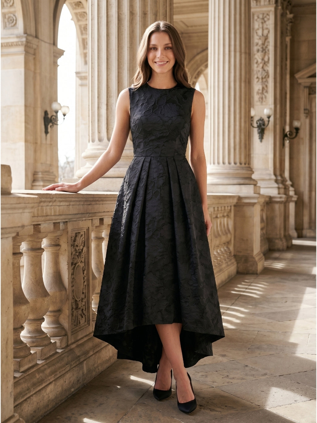 Black Jacquard A-Line Scoop Neck Back Zip Floor-Length Mother of the Bride Dresses with Ruffle