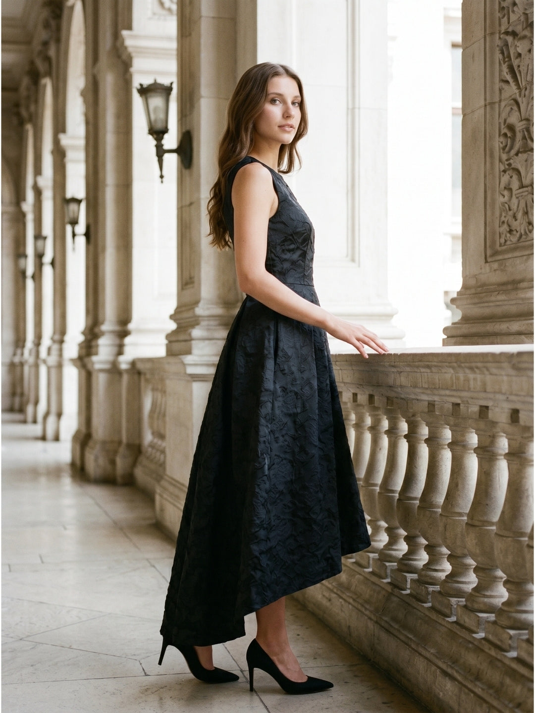Black Jacquard A-Line Scoop Neck Back Zip Floor-Length Mother of the Bride Dresses with Ruffle