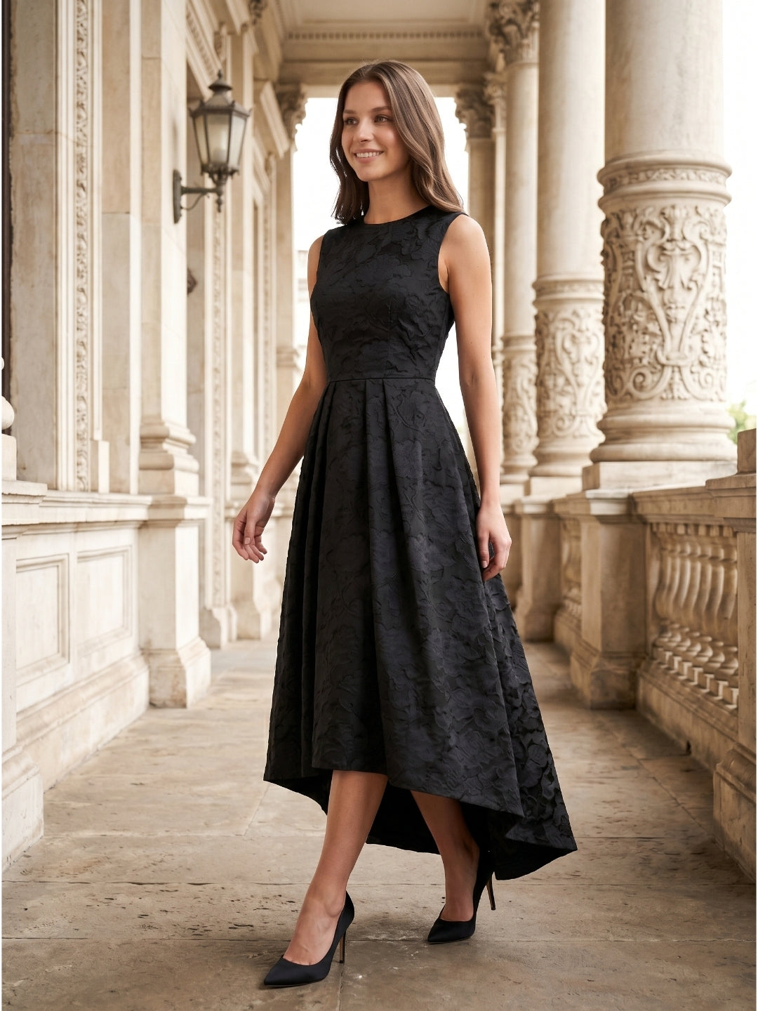 Black Jacquard A-Line Scoop Neck Back Zip Floor-Length Mother of the Bride Dresses with Ruffle