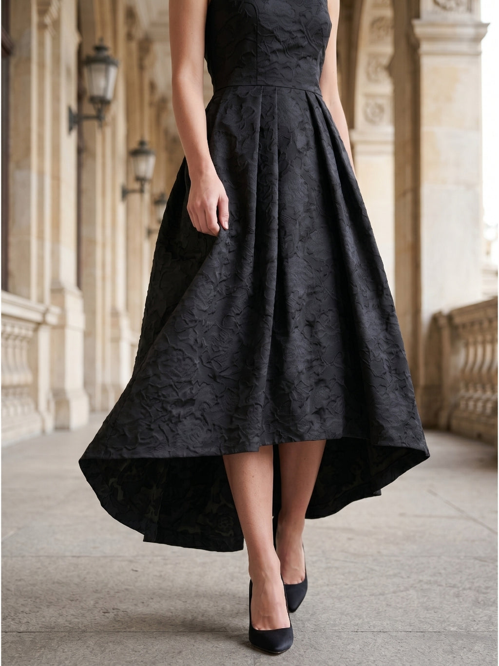 Black Jacquard A-Line Scoop Neck Back Zip Floor-Length Mother of the Bride Dresses with Ruffle