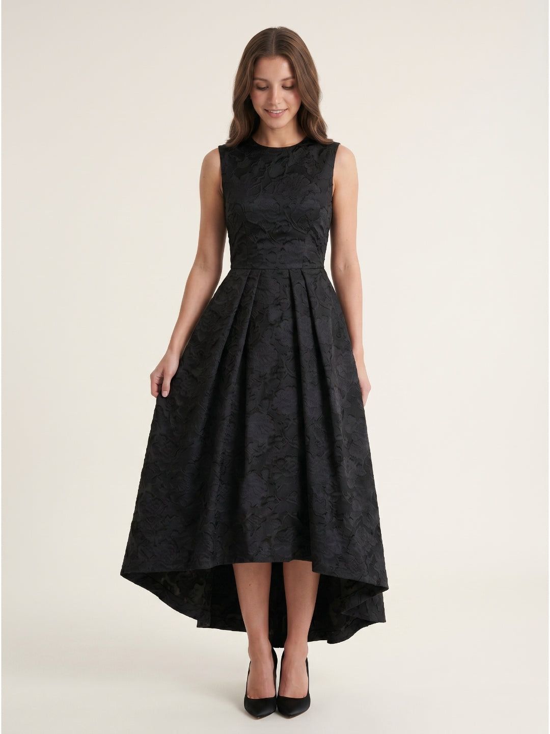 Black Jacquard A-Line Scoop Neck Back Zip Floor-Length Mother of the Bride Dresses with Ruffle
