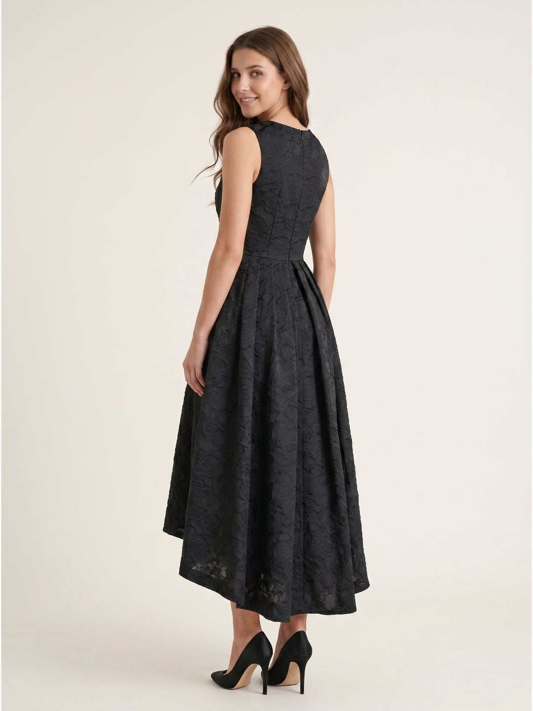 Black Jacquard A-Line Scoop Neck Back Zip Floor-Length Mother of the Bride Dresses with Ruffle