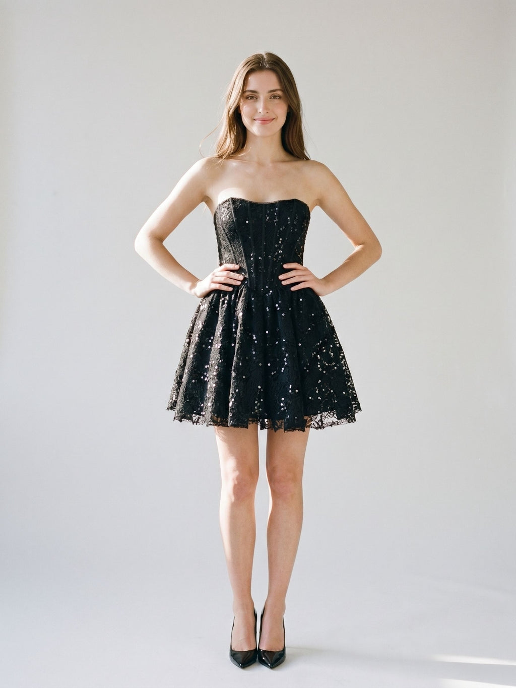 Black Lace A-Line Straight Neck Back Zip Short Party Dress with Sequins