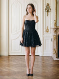 Black Lace A-Line Straight Neck Back Zip Short Party Dress with Sequins
