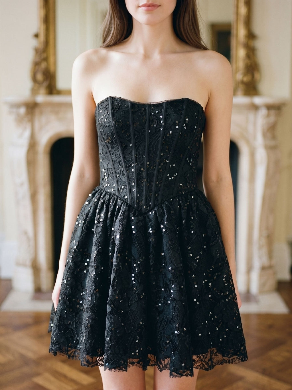 Black Lace A-Line Straight Neck Back Zip Short Party Dress with Sequins
