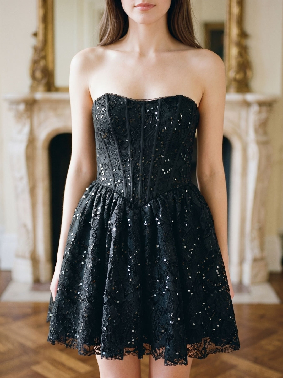 Black Lace A-Line Straight Neck Back Zip Short Party Dress with Sequins