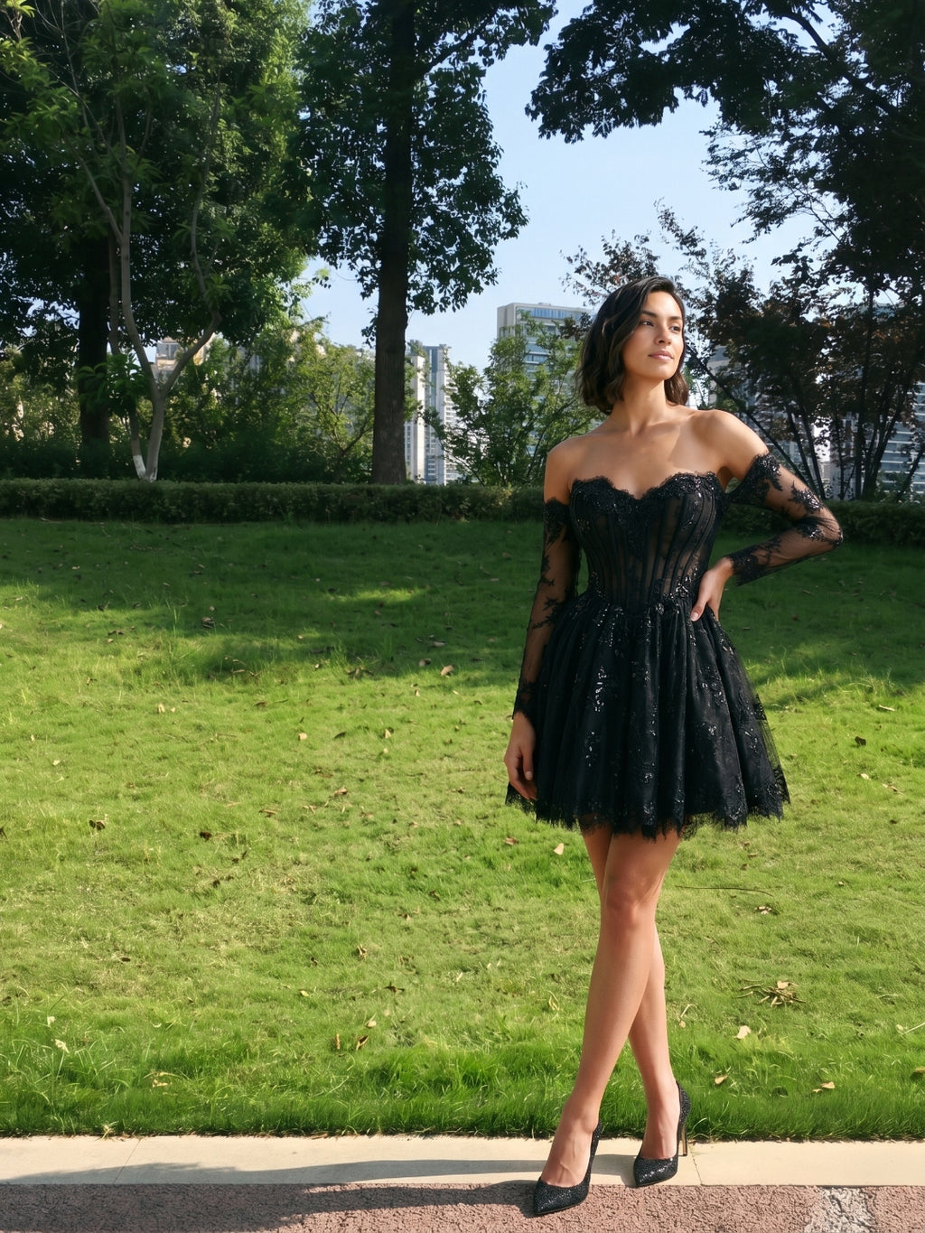 Black Lace A-Line Sweetheart Short Homecoming Dress with Sequins