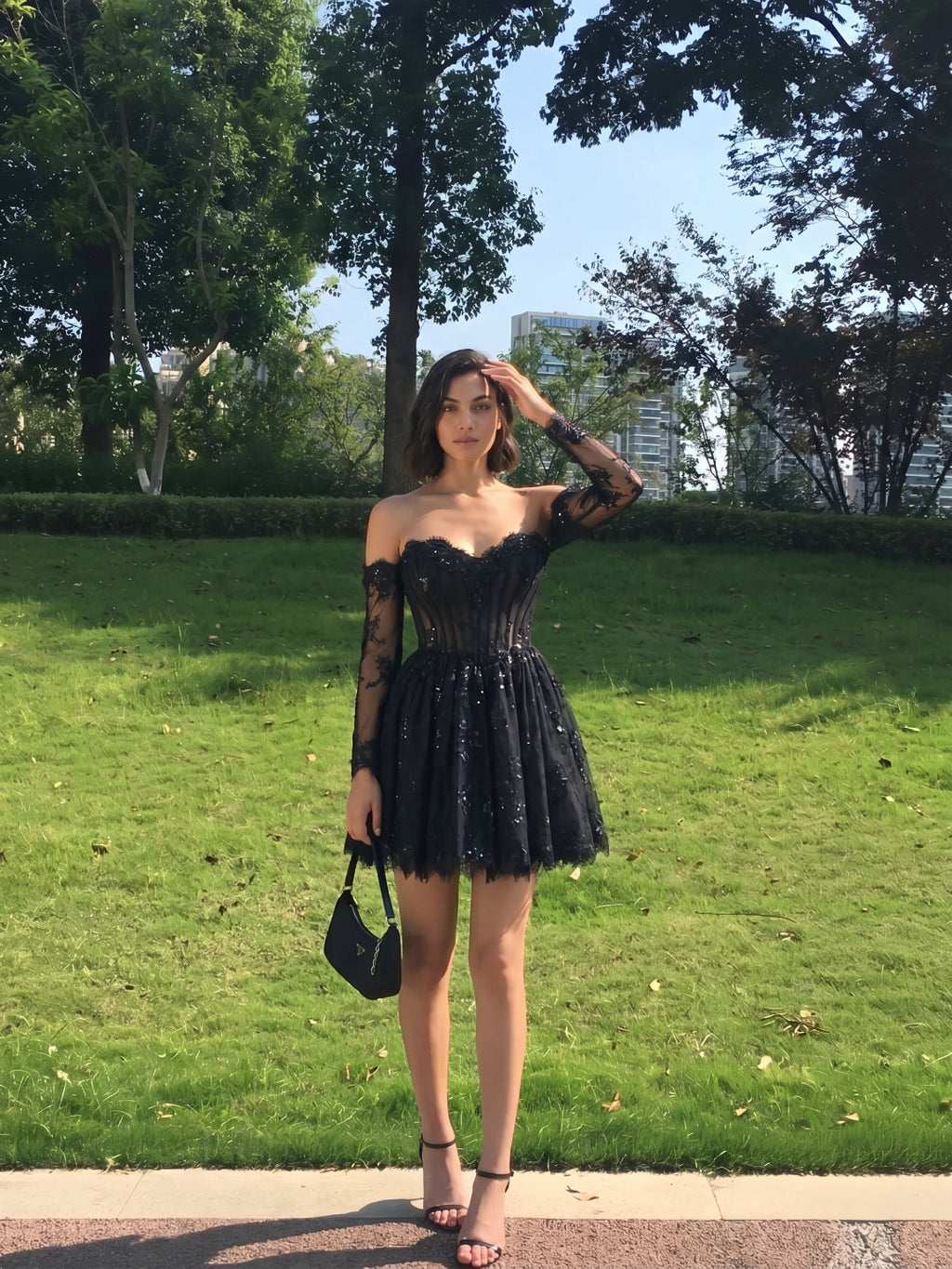 Black Lace A-Line Sweetheart Short Homecoming Dress with Sequins