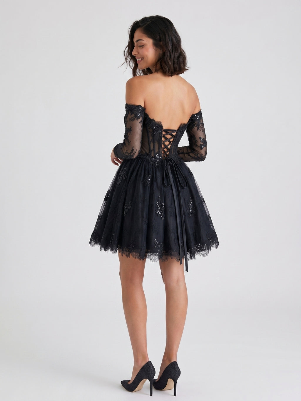 Black Lace A-Line Sweetheart Short Homecoming Dress with Sequins