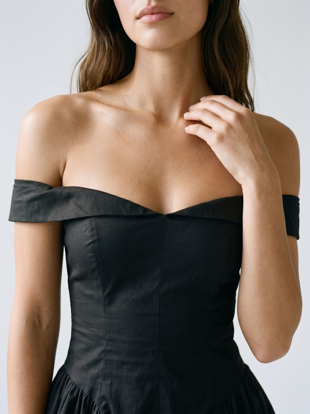 Black Matte Satin A-Line Off-Shoulder Back Zip Short Dress with Pleating