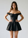 Black Matte Satin A-Line Off-Shoulder Back Zip Short Dress with Pleating