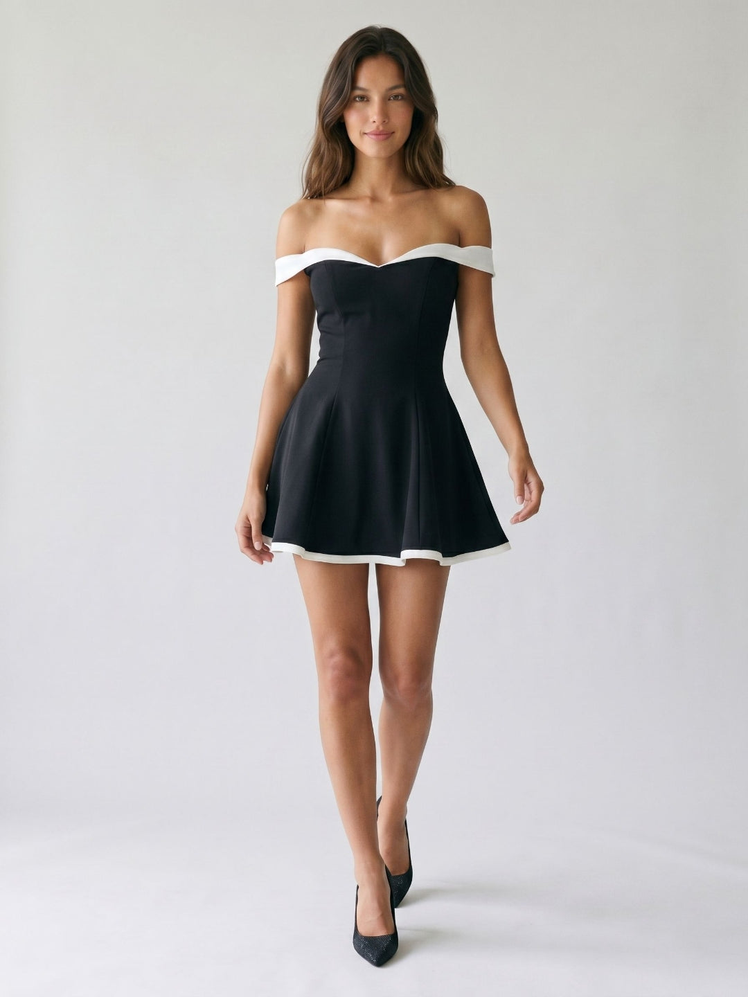 Black Matte Satin A-Line Off-the-Shoulder Backless Short Homecoming Dress