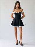 Black Matte Satin A-Line Off-the-Shoulder Backless Short Homecoming Dress