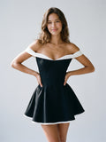 Black Matte Satin A-Line Off-the-Shoulder Backless Short Homecoming Dress