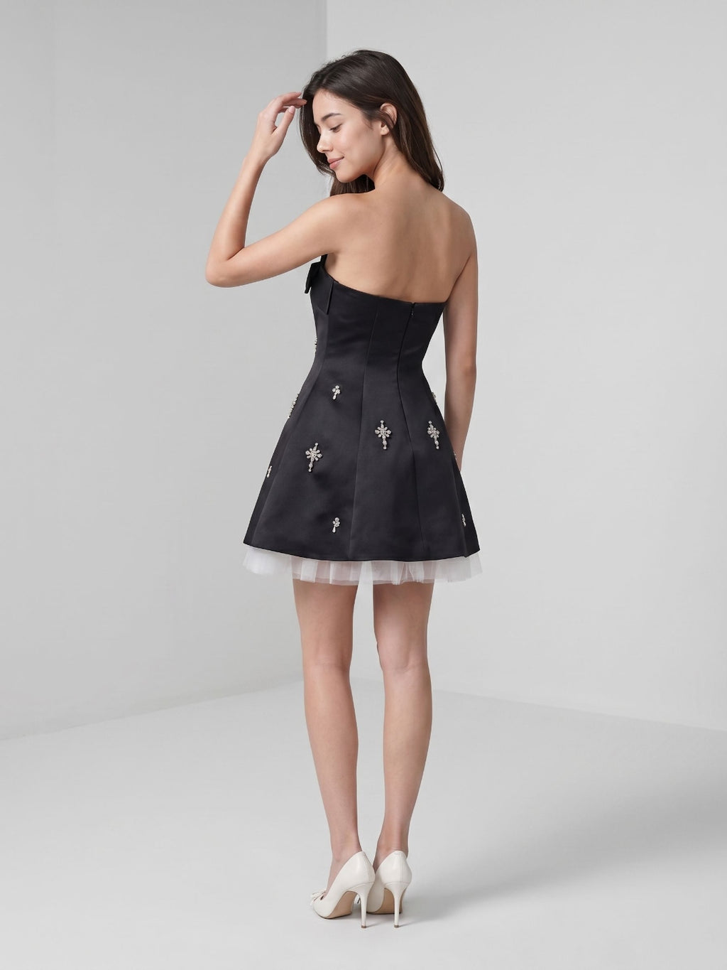 Black Matte Satin A-Line Straight Neck Backless Short Homecoming Dress with Beading