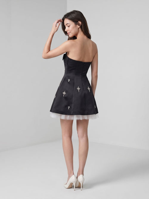 Black Matte Satin A-Line Straight Neck Backless Short Homecoming Dress with Beading